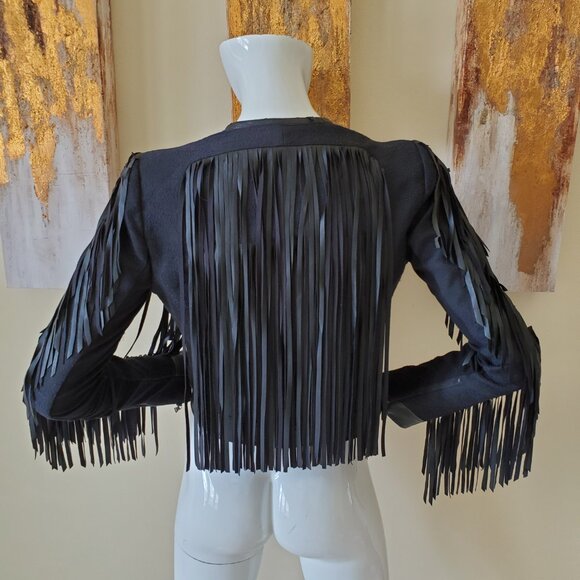 BCBGMAXAZRIA Farrell Black Fringe-Trim Faux Leather Short Jacket SZ XS - Picture 9 of 15